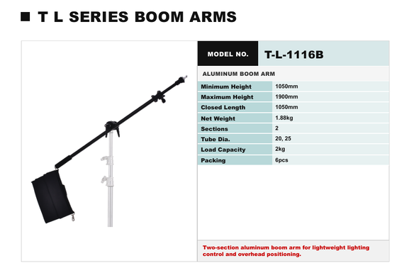 TL Serisi Alüminyum Boom Arm Stand, stüdyo aydınlatması için ayarlanabilir yükseklik ve taşınabilir tasarım